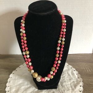 Vtg Pink Pearl and Gold Beaded Double Strand Necklace